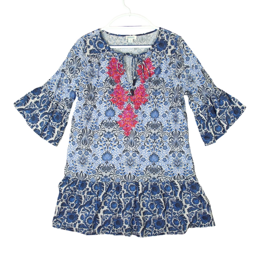 Sundance Dress Tunic Blue Floral S Boho Cottagecore Embroidered Bell Sleeve